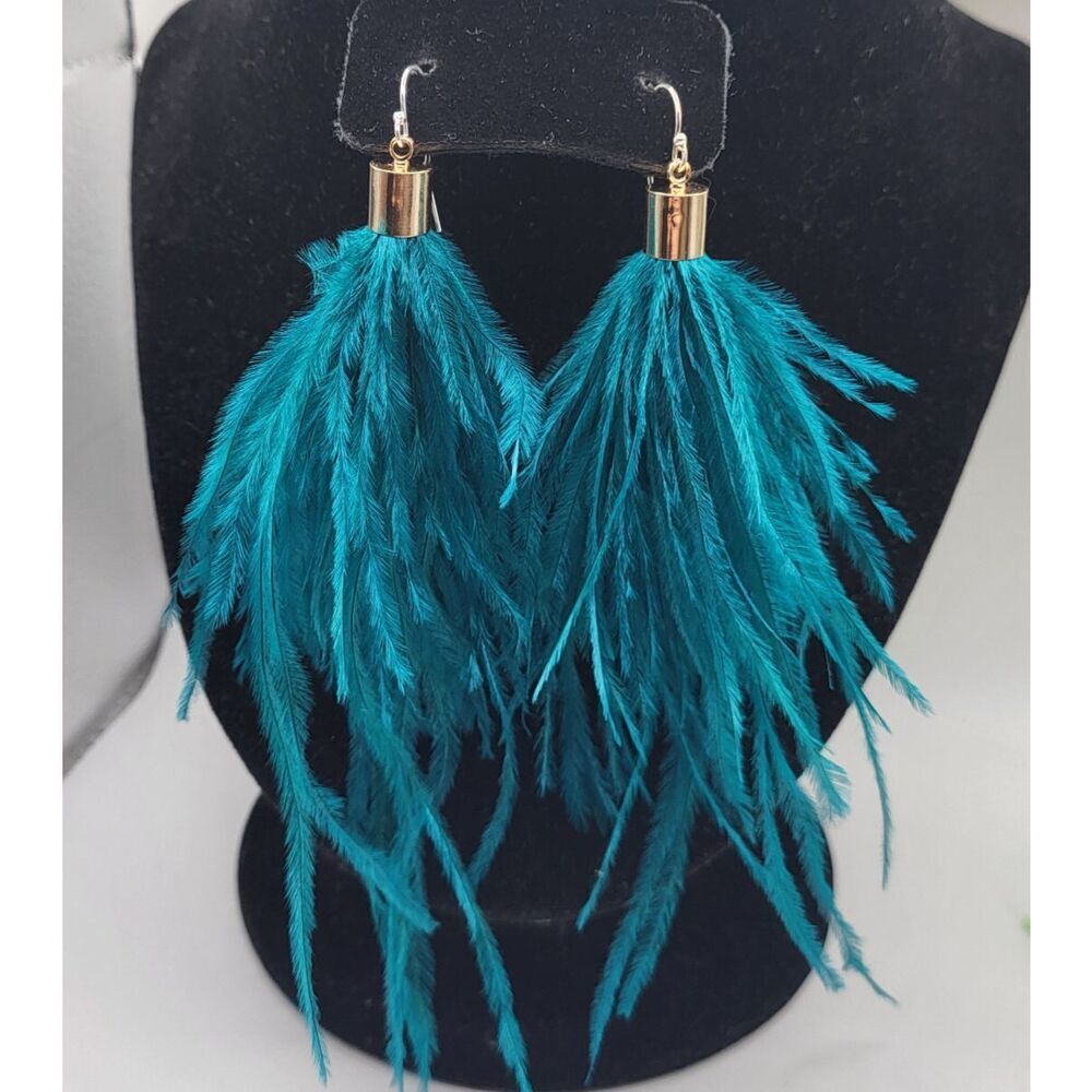 Teal Turquoise Feather Earrings Sterling Silver Hook 5in